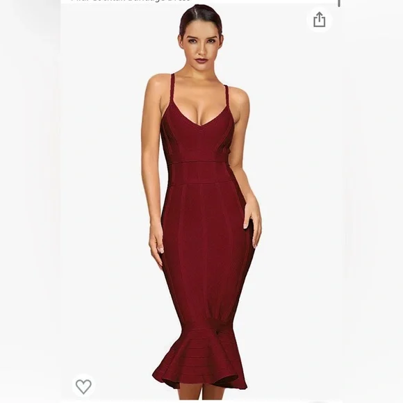 Mermaid Spaghetti Strap V Neck Bodycon Midi Cocktail Bandage Dress | Color: Red | Size: M | Srunnells2011'S Closet